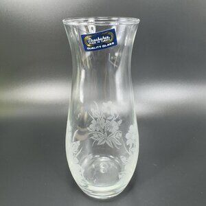 Vintage Pasabahce Etched Glass Vase Clear Floral Pattern With Sticker Turkey VTG